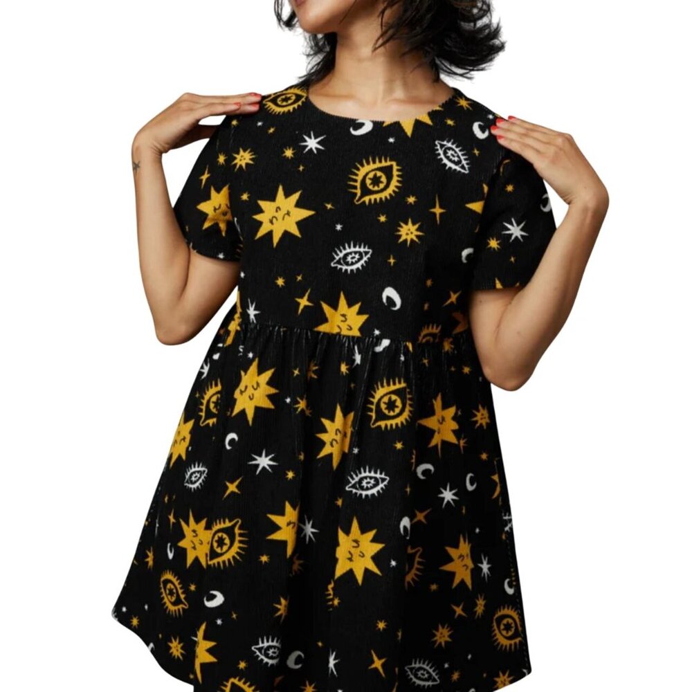 Black Friday Size 6 Cosmic Print Mini Black Gold White Corduroy Dress NWT - Picture 2 of 16